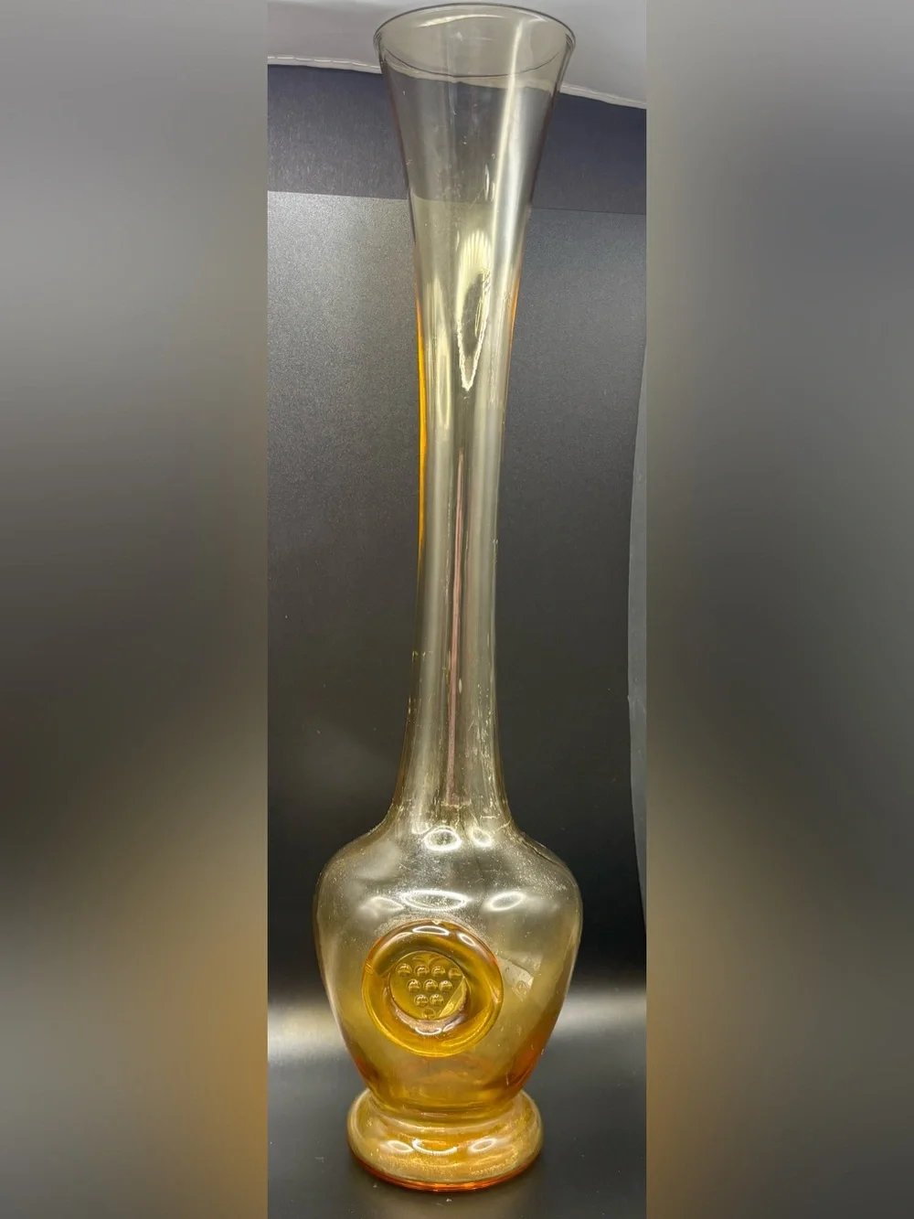 Vintage Amber Glass Bud Vase Applied Grape Seal Medallion MCM 13” Solifleur